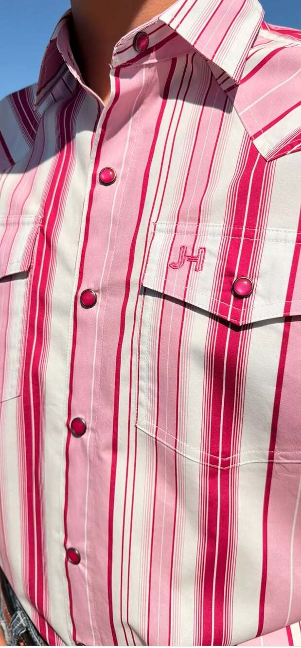 JH Western Collection Pink and White Striped Long Sleeve Pearl Snap Shirt